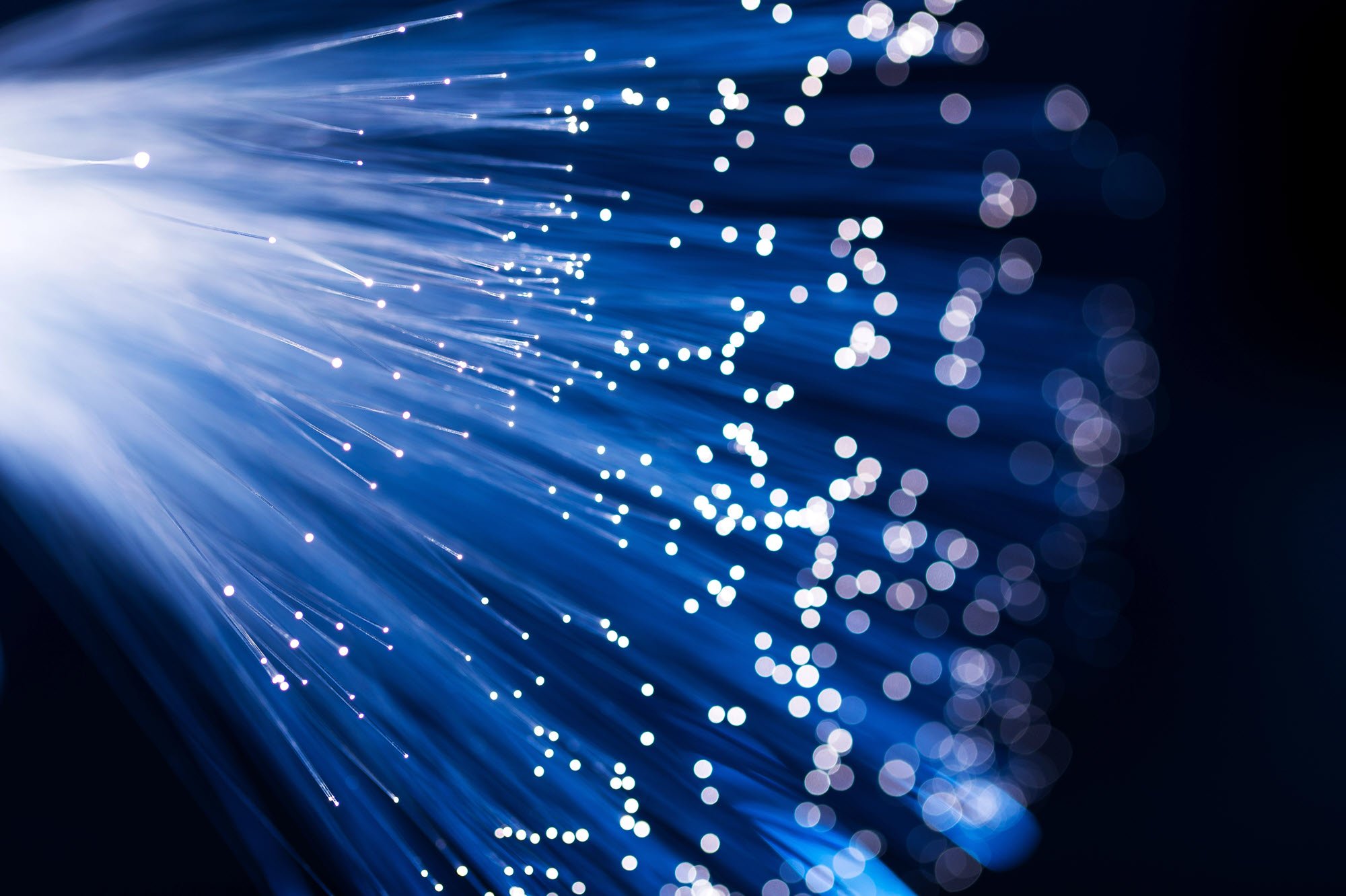 Optical wires glistening against a dark background