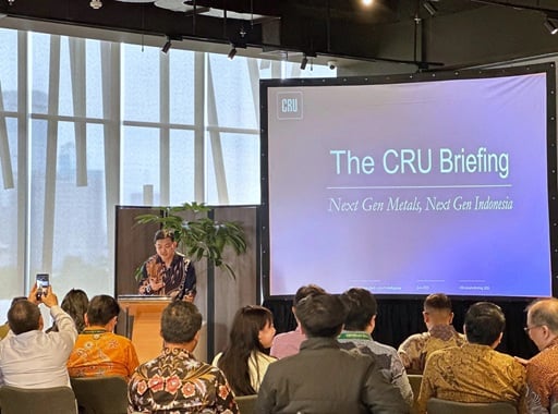 A male presenter speaking at the podium with the background of a project screen which says the CRU Briefing on it