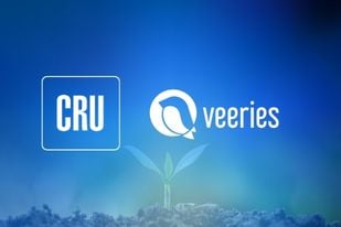 Logos of CRU and Veeries on the background of a sprouting plant to show the impact of partnership in the fertilizer industry