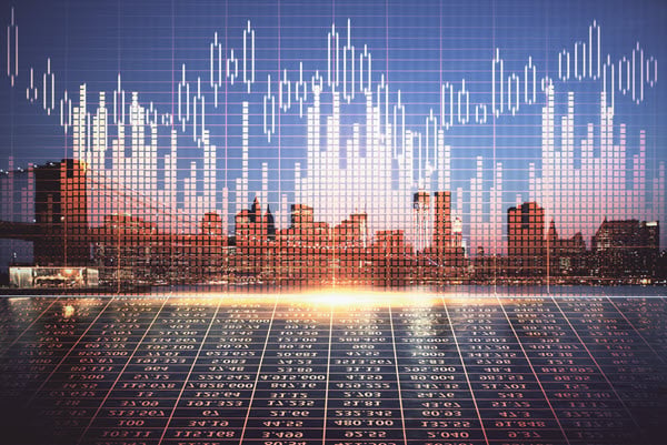 financial-graph-on-night-city-scape-with-tall-buildings-background-double-exposure